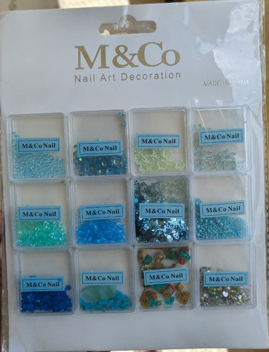 GV731 M&Co 12 in 1 Ocean Blue Nail Art Decoration Set – Glitter, Beads & Dried Flowers