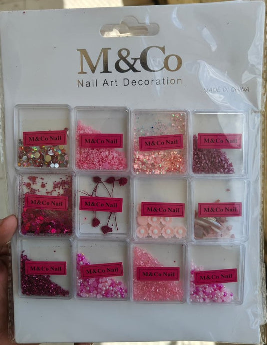 GV729 M&Co Nail Art Decoration Set – 12 Box Pink Rhinestones, Glitter & Flower Mix