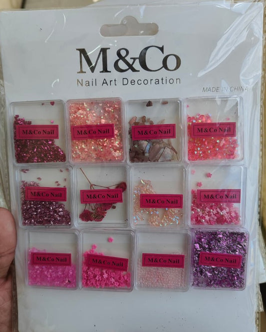 GV728 M&Co Nail Art Decoration Set – 12 Box Pink Glitter, Foil & Sequins Mix