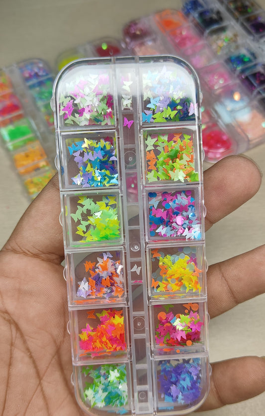 GV806 12-Color Neon Butterfly Nail Art Glitter Box – High-Glow Laser Cut Shapes