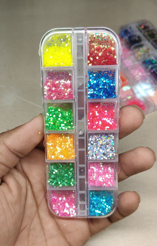 GV807 12-Color Neon Chunky Hexagon Glitter Box – Holographic Nail Art Sparkle Mix