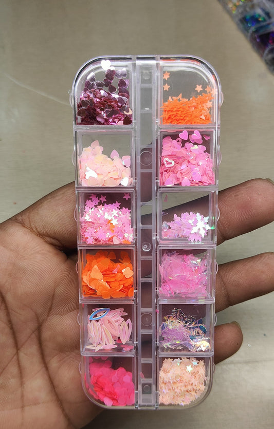 GV808 12-Shape Pink & Peach Nail Art Sequin Mix Box – Hearts, Stars, Flowers & More