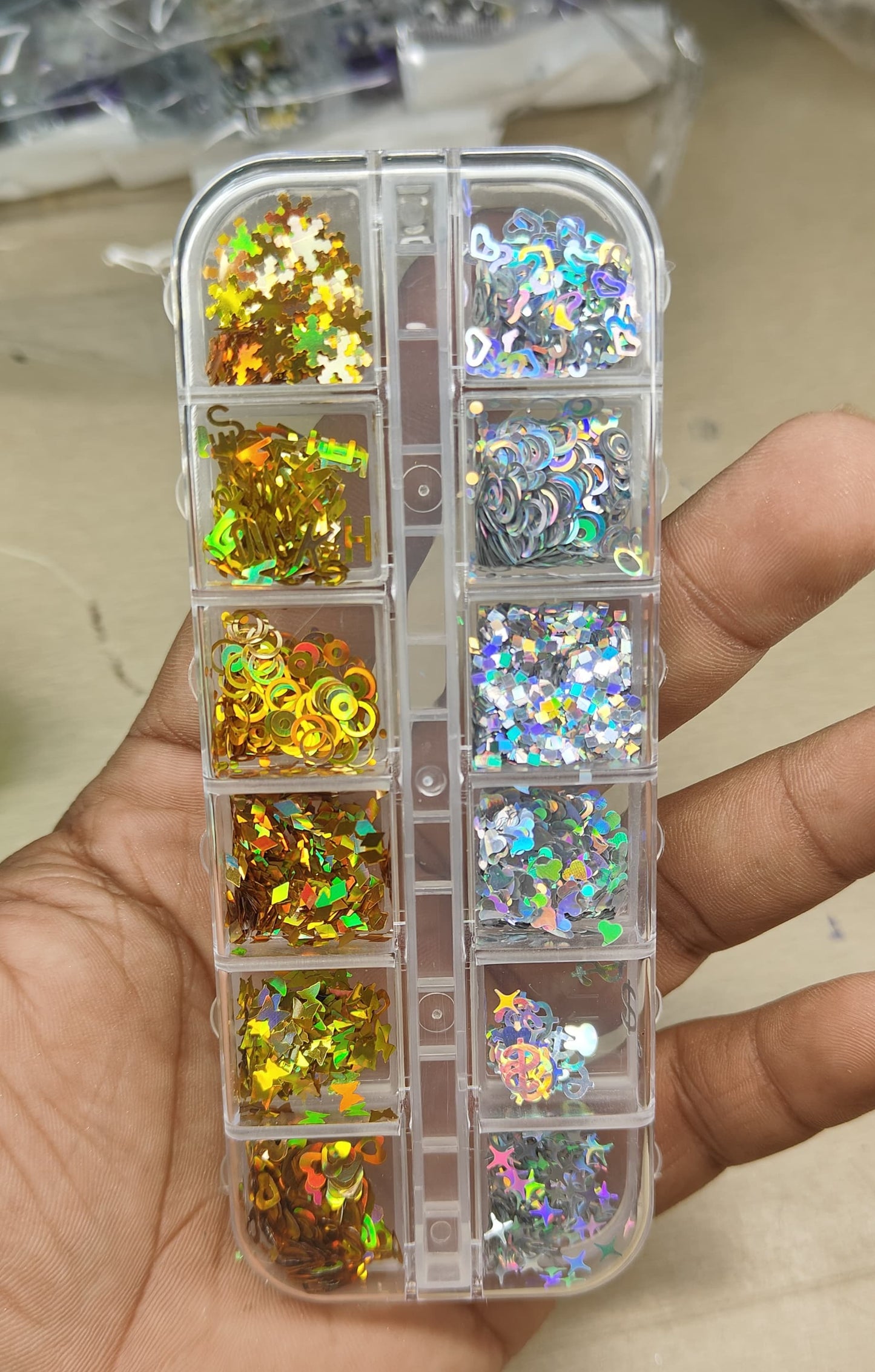 GV812 12-Compartment Mixed Shape Holographic Nail Art Glitter Set – Stars, Hearts, Squares & More for Nails, Resin & Crafts