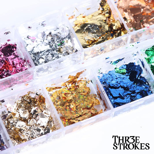 GV176 THR3E STROKES Holographic Nail Glitter Foils, 12 Colors Sparkly Ultra-Thin Aluminum Foil Nail Art Flakes Design, Laser Nail Sequins Acrylic Supplies for Women Girls Manicure Charms Decorations, DIY 3D Nail Art Tips (D31)