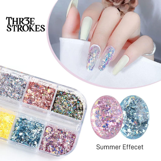 GV172 THR3E STROKES 2 Colors Glitter Nail Art Sequins, Holographic Irregular Iridescent Shiny Nail Flakes Decorations 3D Ultra-Thin Powder Nail Art Design for Women Manicure Sparkly Acrylic Supplies, Resin Nail Art Tips (D36)