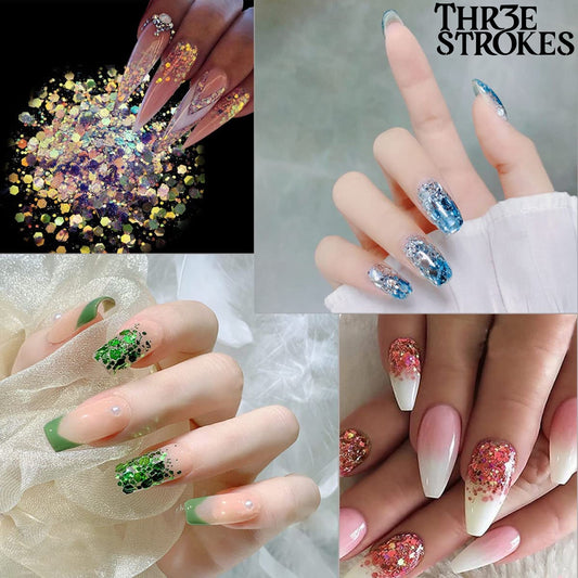 GV168 THR3E STROKES 12 Colors Hexagon Chunky Glitter Holographic Crafts Stickers Sequins Nail Glitter Mermaid Powder Flakes Shiny Charms Hexagon Sequins Suitable for Women Girls Decoration Acrylic Nails (D40)