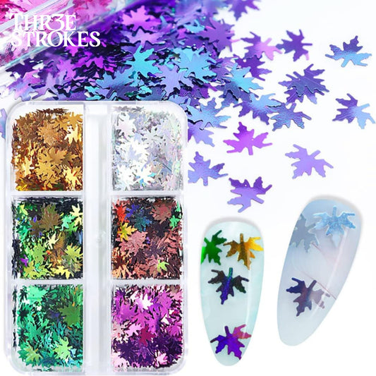 GV171 THR3E STROKES 6 Colors Holographic Glitters Fall Maple Leaf Shaped Nail Art Sequins Flakes 3D Aurora Gradient Nail Maple Leaf Sequins DIY Design Confetti for Decoration (D37)