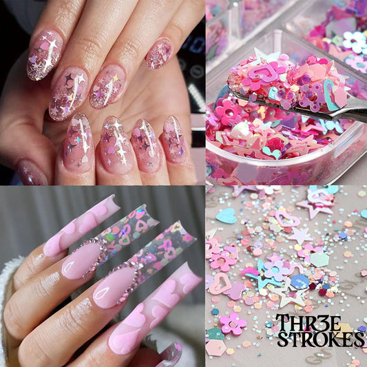 GV170 THR3E STROKES 12 Grid Heart Nail Art Glitters Mixed Hollow Star Flower Nails - Holographic Acrylic Powder Dust Sequins Decoration Supplies for Women D38