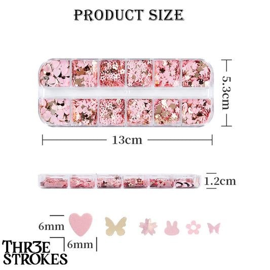 GV167 THR3E STROKES 12 Grids Holographic Nail Glitter, Wsimily Butterfly Flower Heart Rabbit Pink Gold Nail Art Sequins Glitter for Acrylic Nails Design Paillettes Shining Flake Glitter Valentine's Day Nail Decoration (D41)