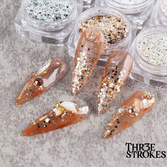 gv174 THR3E STROKES Holographic Nail Art Kits 6 Boxes 3D Glitter Metallic Shining Flakes Acrylic Powder Dust Sequins Decoration Holographic Manicure Tips (Vintage Color) (D34)