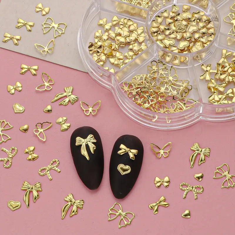 GV753 Celebrity Trendy Alloy Bowknot Nail Art Accessories – Luxury 3D Metal Bow & Heart Charms for DIY Manicure Decoration Box