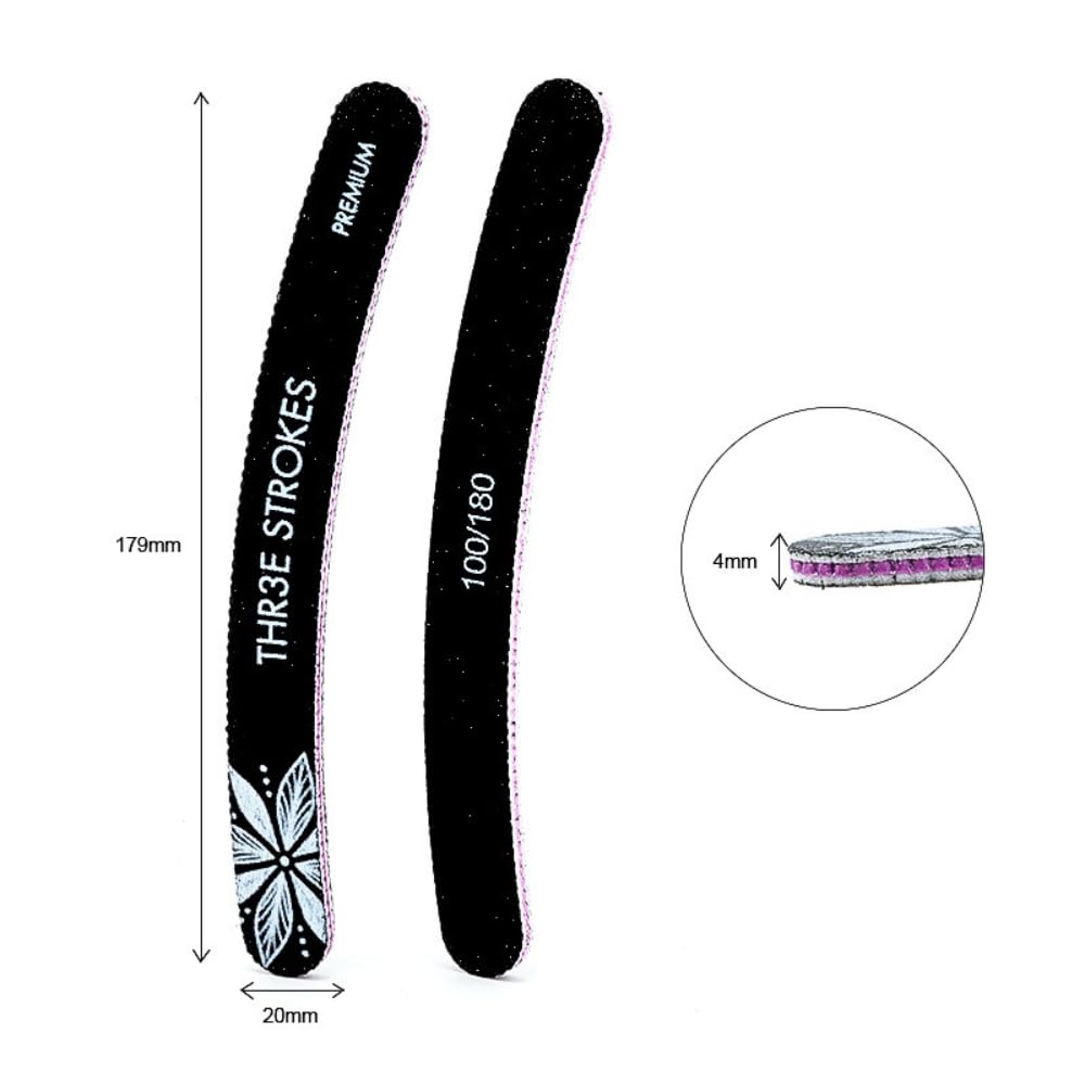 GV97 THR3E STROKES 10 Pack 100/180 Grit Banana Nail Files, Black Professional Reusable Emery Boards Manicure Tool for Acrylic Nails, Nail Buffering Files