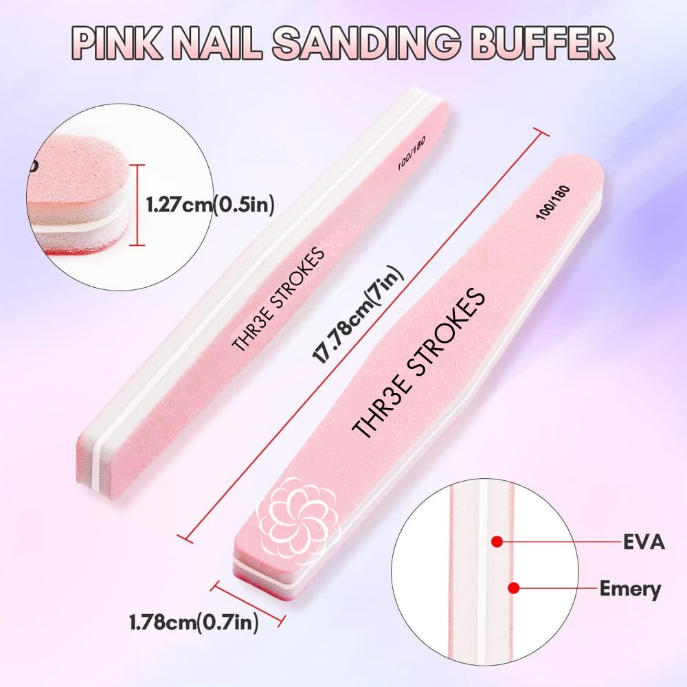 GV37 THR3E STROKES Nail Buffer Block Nail Prep Sponge Nail Files 120/240 Grit Pink Nail Sanding Buffer for Acrylic Nails 10Pcs Professional Nail Supplies Pedicure Nail Buffers Manicure Tools