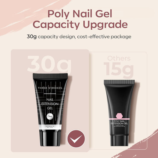 GV124 THR3E STROKES PolyGel Quick Upgrade Poly Gel Kits,30ML Polygel Nail Kit Builder Gel,Nail Extension Gel Trendy Nail Art Design Salon Nail Easy DIY at Home (1 CLEAR) (UV/LED LAMP REQUIRED)