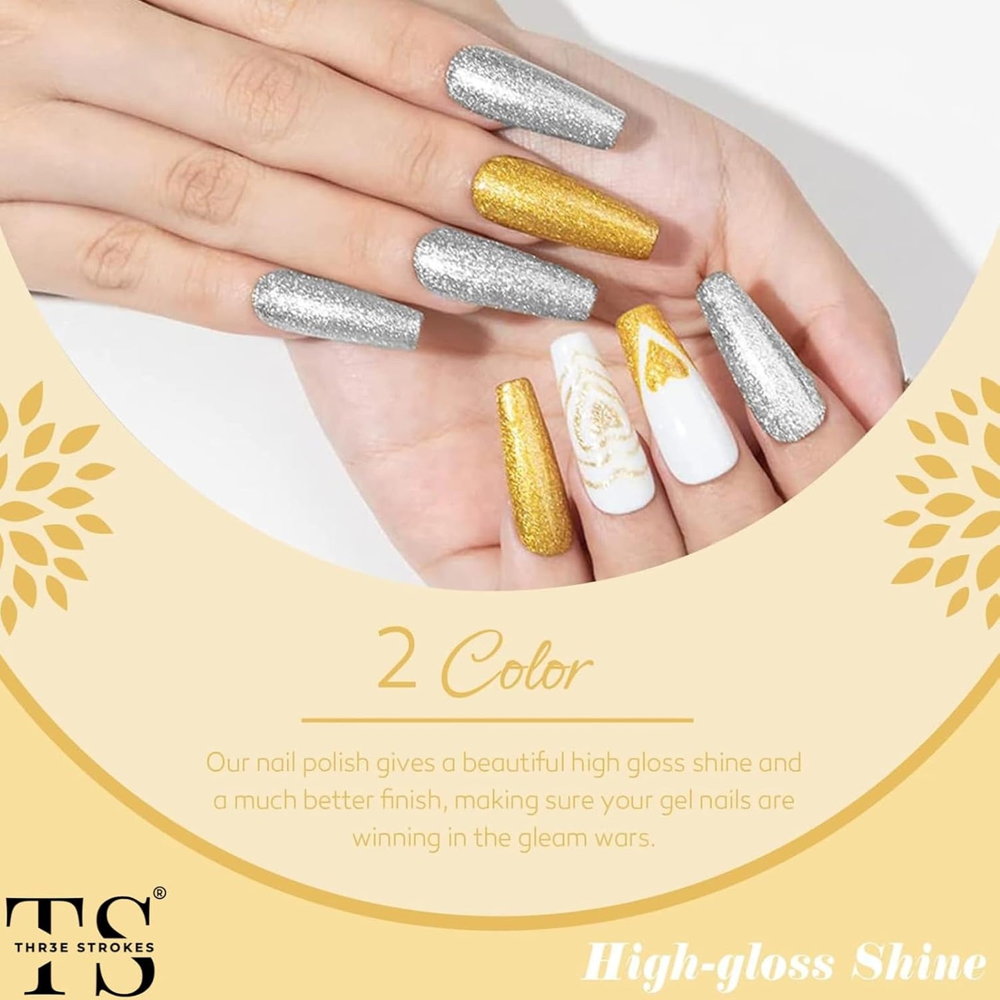GV17 THR3E STROKES Gel Polish Nail Art Gel Liner Nail Polish Set, Golden Reflective Glitter Gel Polish, Gel Art Paint for Swirl Shiny Nails Nail Art Brush (Gold Glitter)