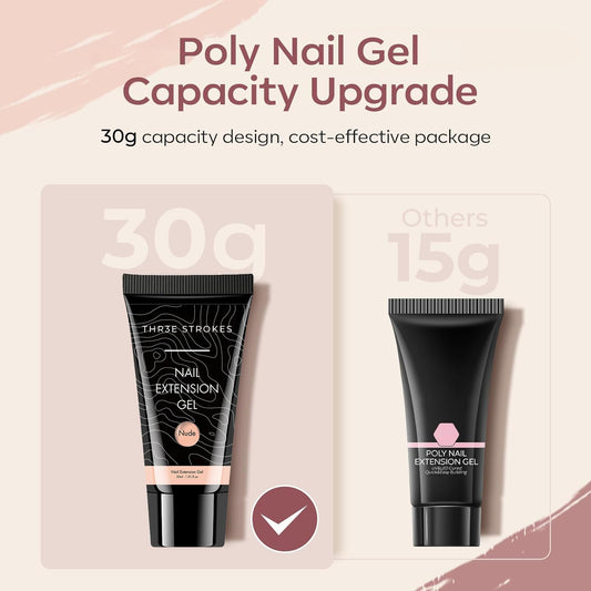 GV126 THR3E STROKES Polygel Quick Upgrade Poly Gel Kits,30Ml Polygel Nail Kit Builder Gel Finish,Nail Extension Gel Trendy Nail Art Design Salon Nail Easy Diy At Home (12 Nude) (Uv/Led Lamp Required)