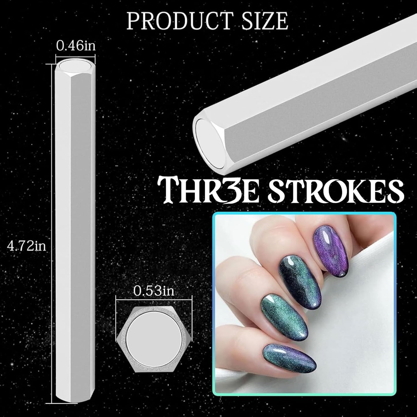 GV86 THR3E STROKES Cat Eye Magnet Tool,Professional Double-Ended Hexagon Strong Nail Magnet Stick for Cat Eye Gel Nail Polish,suitable for personal DIY, nail studio or nail salon(Silver)