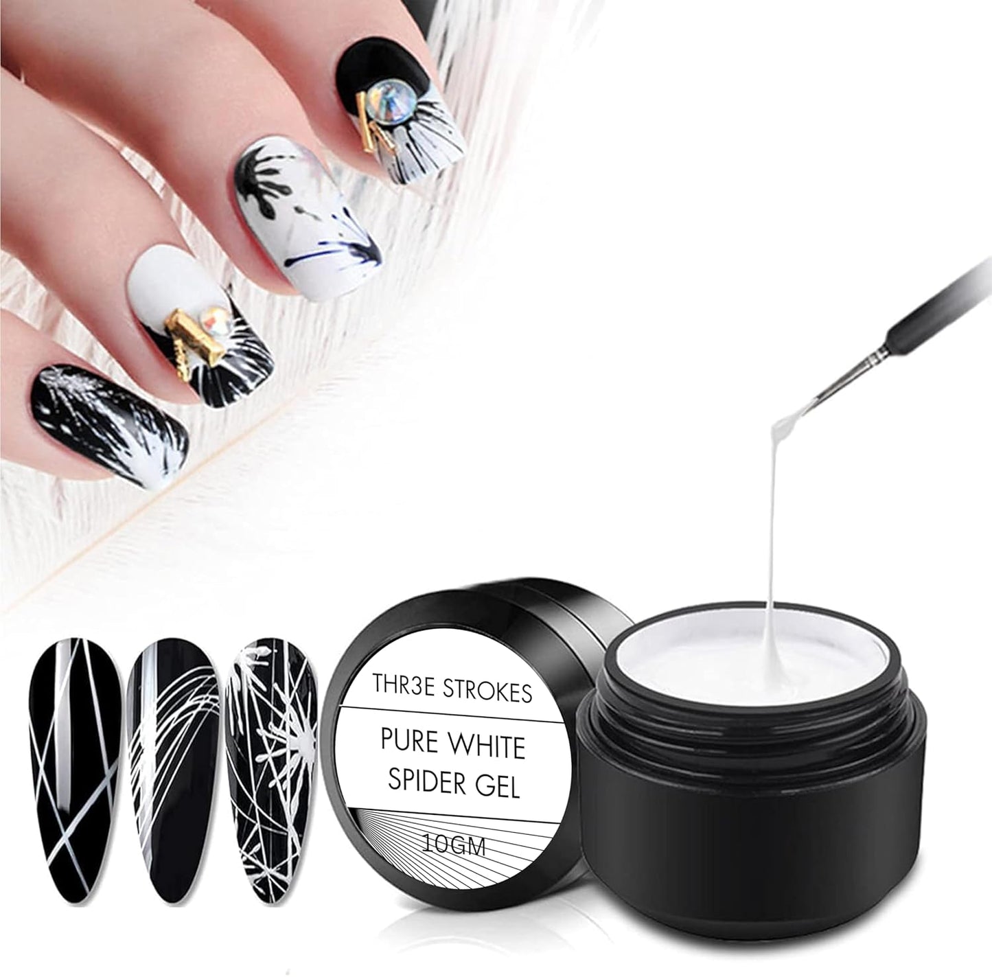 GV103 THR3E STROKES White Spider Gel Polish Kit Nail Spider Gel Paint For Nail Art Polish Thin Brush Spider Nail Gel Art Paint For Nails Uv Led Nail Polish Drawing Painting Black White Gel Nail Polish Kit (UV REQUIRE) (WHITE)
