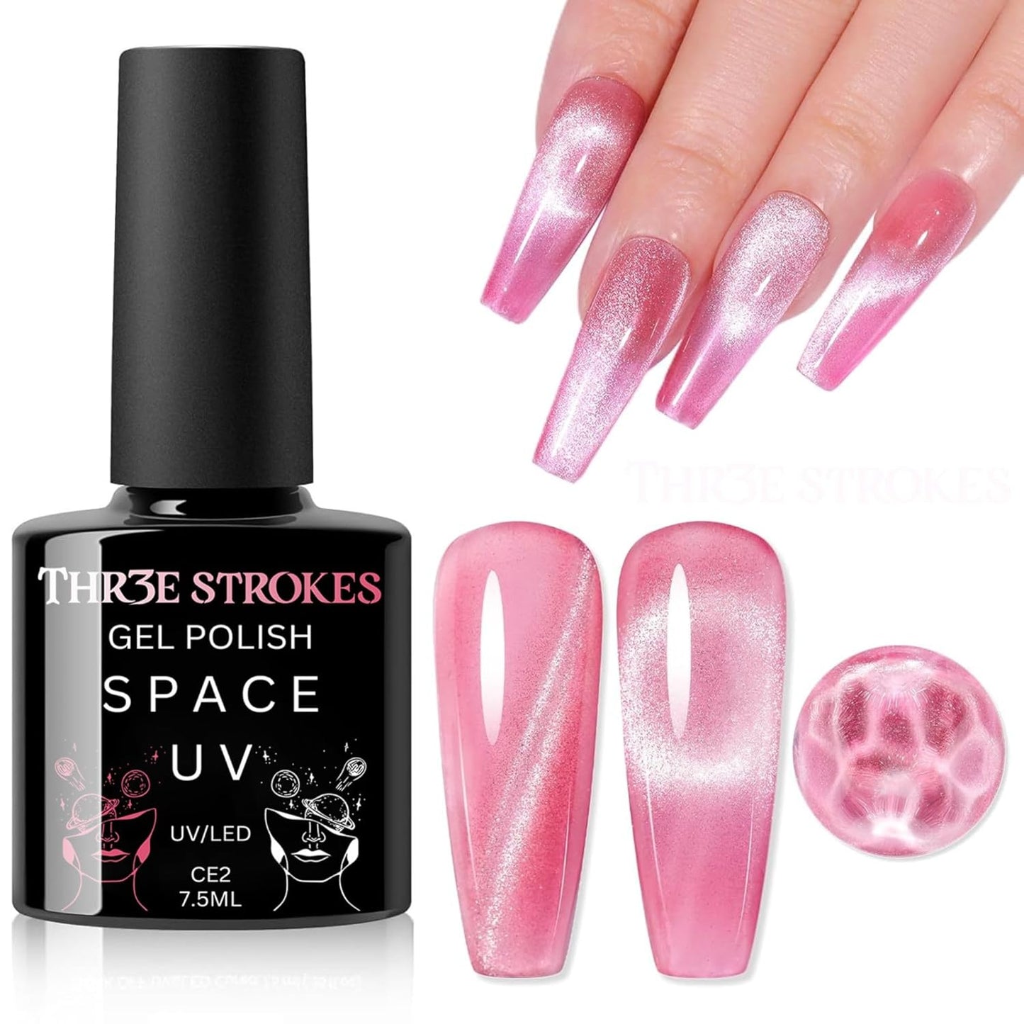 GV136 THR3E STROKES 9D Glitter Cat Eye Gel Magnetic Nail Polish Gel Art Manicure DIY at Home Soak Off UV Gel 7.5ML (CE2, 7.5ML)