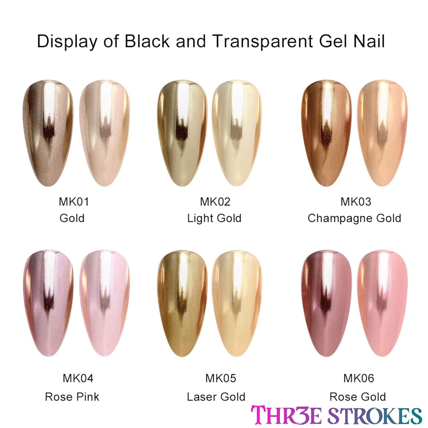 GV58 THR3E STROKES Chrome Nail Powder Metallic Mirror Glitter Effect Pigment Iridescent Aurora Mermaid Pearl Dust Kit for Gel Polish Nail Art Decoration, Resin Craft Arylic Powder (6) (Each 0.5gm)