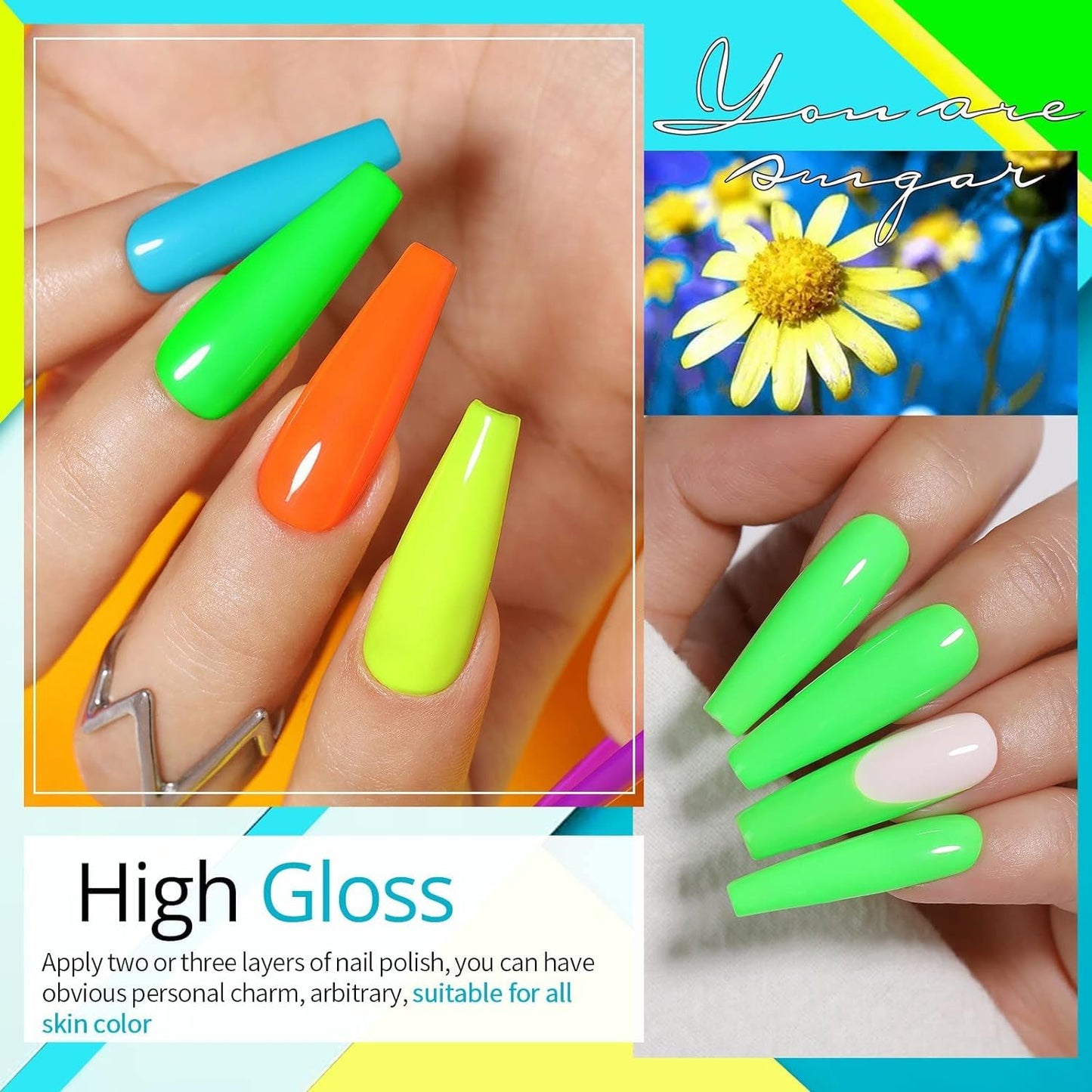 GV42 THR3E STROKES Gel Nail Polish Neon Gel Nail Polish Set Fluorescent Gel Polish Luminous Glow in Dark Gel Polish Orange Hot Pink Blue Yellow Green Purple Vibrant Spring Summer Gel Polish 7ML (UV/LED LIGHT REQUIRED) neongd