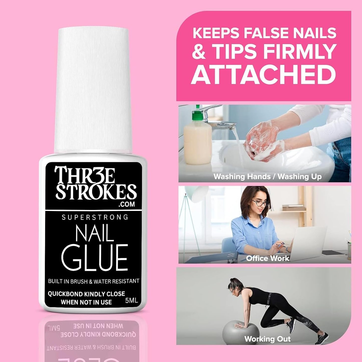 GV52 THR3E STROKES Super Strong Nail Glue For Nail Tips, Acrylic Nails and Press On Nails 5ML Nail Bond Brush On Nail Glue Long Lasting Nail Glue For Acrylic Nails Fake Nails Tips Nail Glue Gel