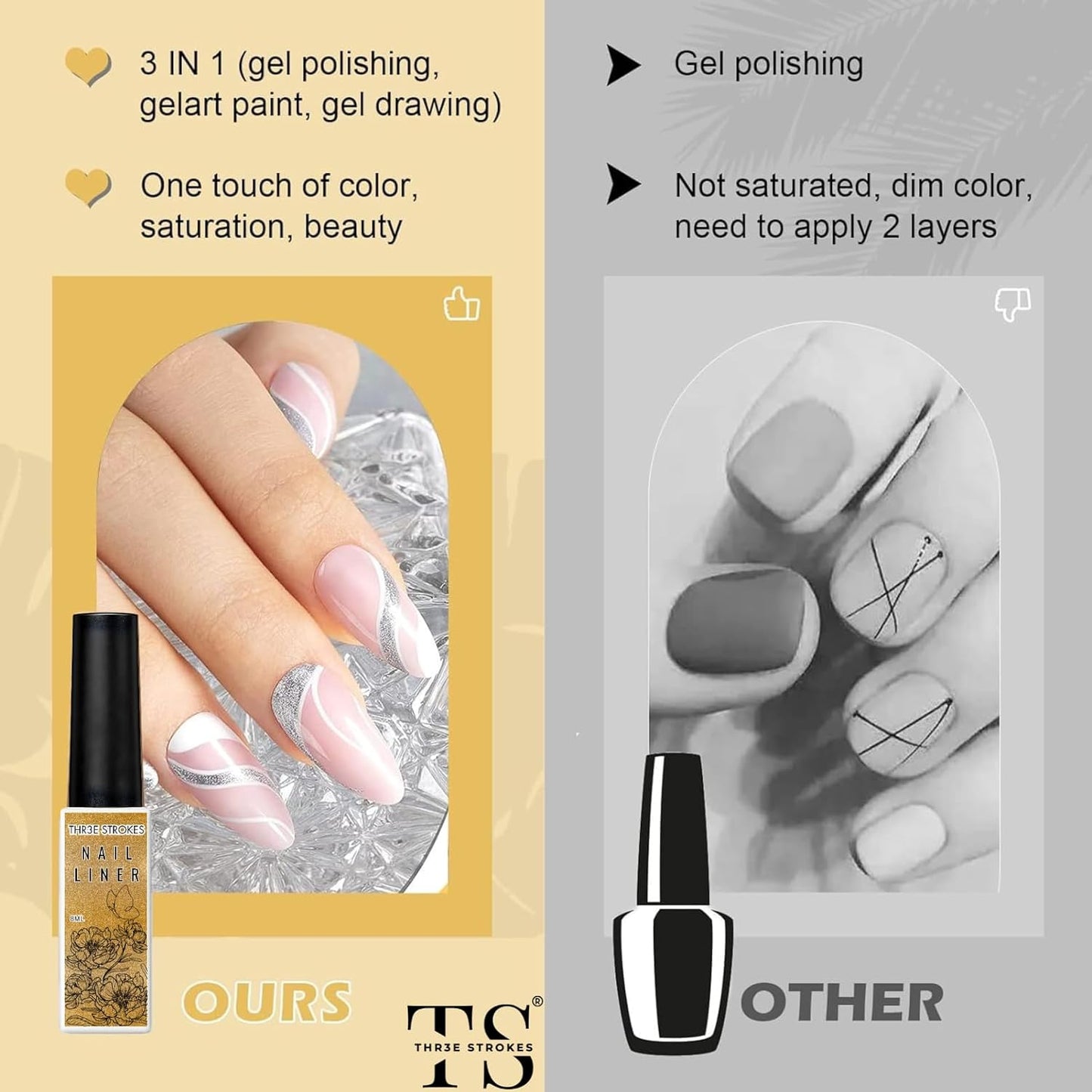 GV17 THR3E STROKES Gel Polish Nail Art Gel Liner Nail Polish Set, Golden Reflective Glitter Gel Polish, Gel Art Paint for Swirl Shiny Nails Nail Art Brush (Gold Glitter)