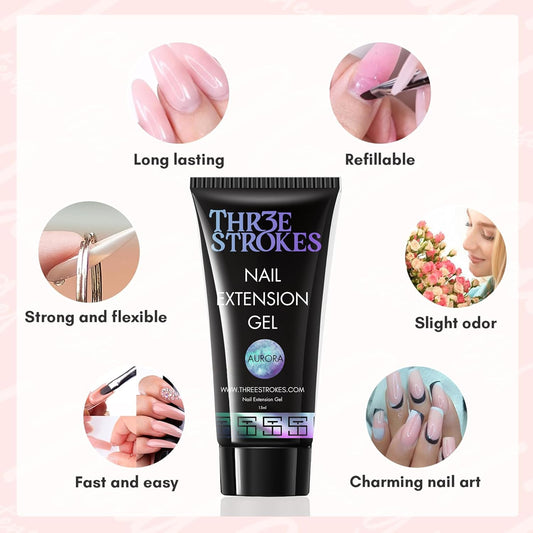 GV89 THR3E STROKES Poly Nail Gel 15ML Gel Builder for Nails, Glitter Clear, Gel Nail Extension,Nail Strengthener Hard Gel Color Gel Multifunctional Long-Lasting and Easy to Use for DIY Salon Quality (AURORA)