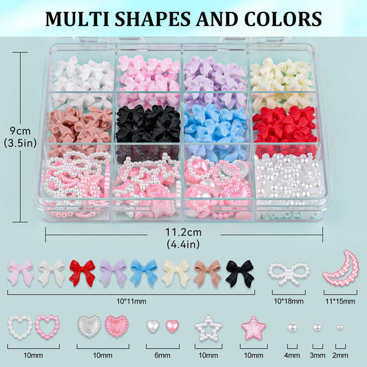 GV65 THR3E STROKES 600 Pcs 3D Nail Charms and Flatback Pearls Set 1, 8 Colors Nail Bows Charm + Pink&White Star Heart Moon Cute Nail Jewels + 2-4mm White Nail Pearls for Nail Art DIY Decoration with Pickup Tools
