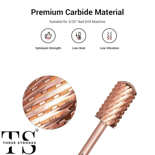 GV74 THR3E STROKES Nail Drill Bits, 3/32'' Smooth Round Top Large Barrel Carbide Bits, Suitable for Manicure Pedicure Cuticle Gel Polishing, Beginners Bits, Rose Gold, Series Bit (Double Coarse-2XC, ROSE GOLD)
