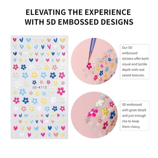 GV92 THR3E STROKES Flower Nail Art Stickers, 5D Embossed Nail Decals Nail Art Design Self Adhesive Nail Supplies with Nail Tweezer, Colorful Flower Nail Stickers for Women Manicure Decoration