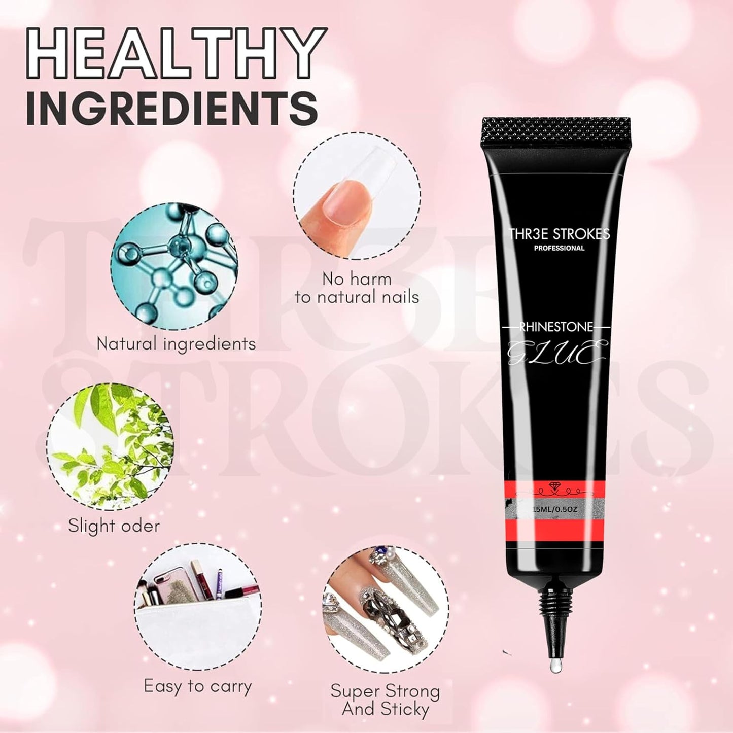 GV43 THR3E STROKES Nail Rhinestone Glue for Nails, Super Strong Gel Nail Glue for Nail Charm 3D Nails Bling Gel for Decoration Gem Nail Art Jewel Diamonds 15ML Cured Need Beauty Gift (UV REQUIRED)