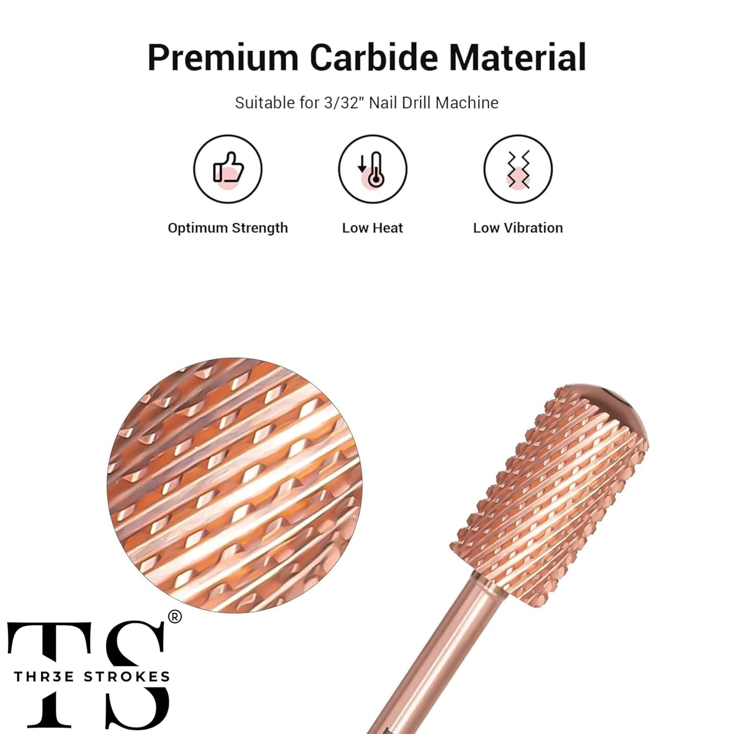GV69 THR3E STROKES Nail Drill Bits, 3/32'' Smooth Round Top Large Barrel Carbide Bits, Suitable for Manicure Pedicure Cuticle Gel Polishing, Beginners Bits, Rose Gold, Series Bit (Coarse-C, ROSE GOLD)