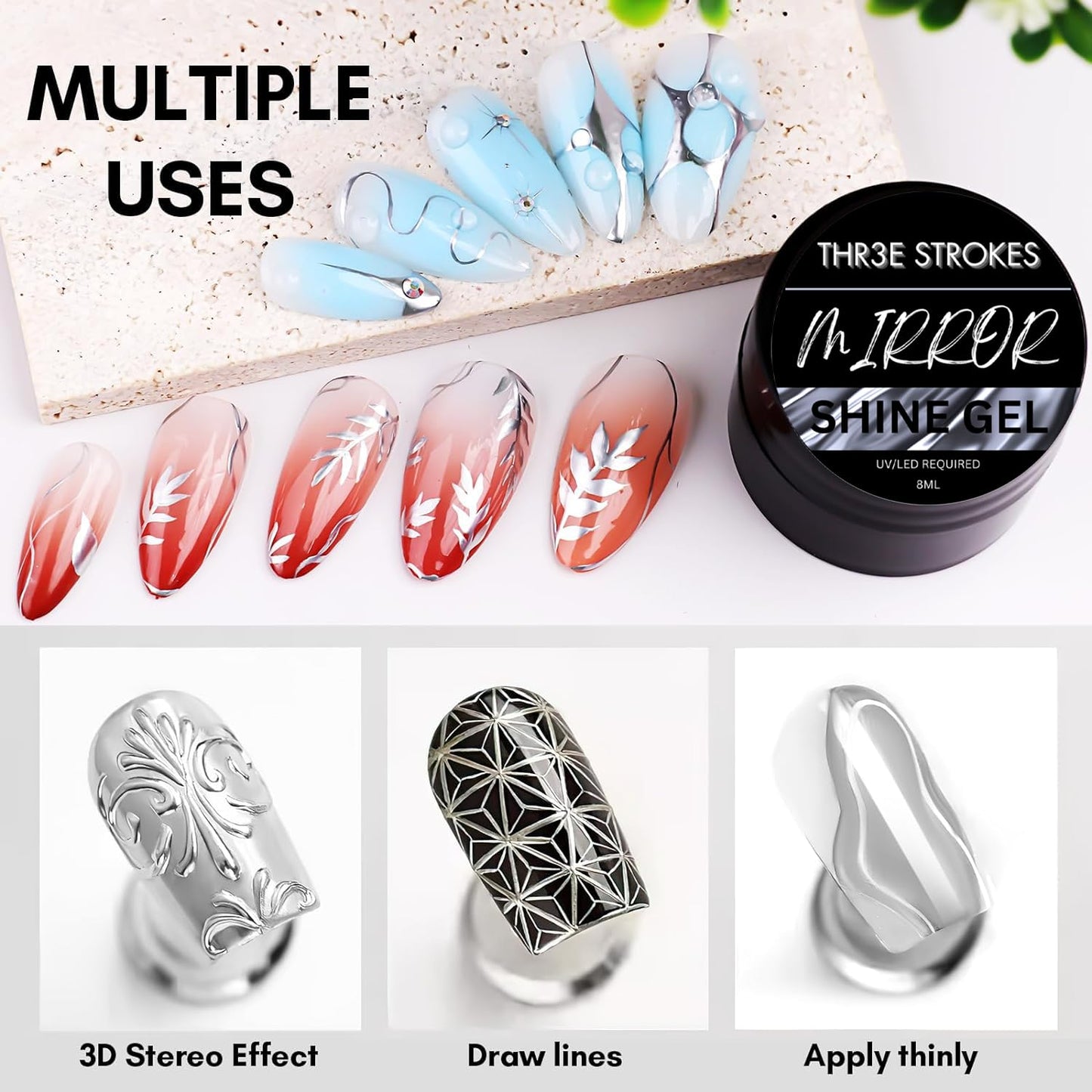 GV100 THR3E STROKES 8Ml Mirror Shine Gel Metallic Finish Silver Gel Uv/Led Gel Metal Painting Gel Drawing Mirror Nail Gel For Nail Art Designs (Silver)