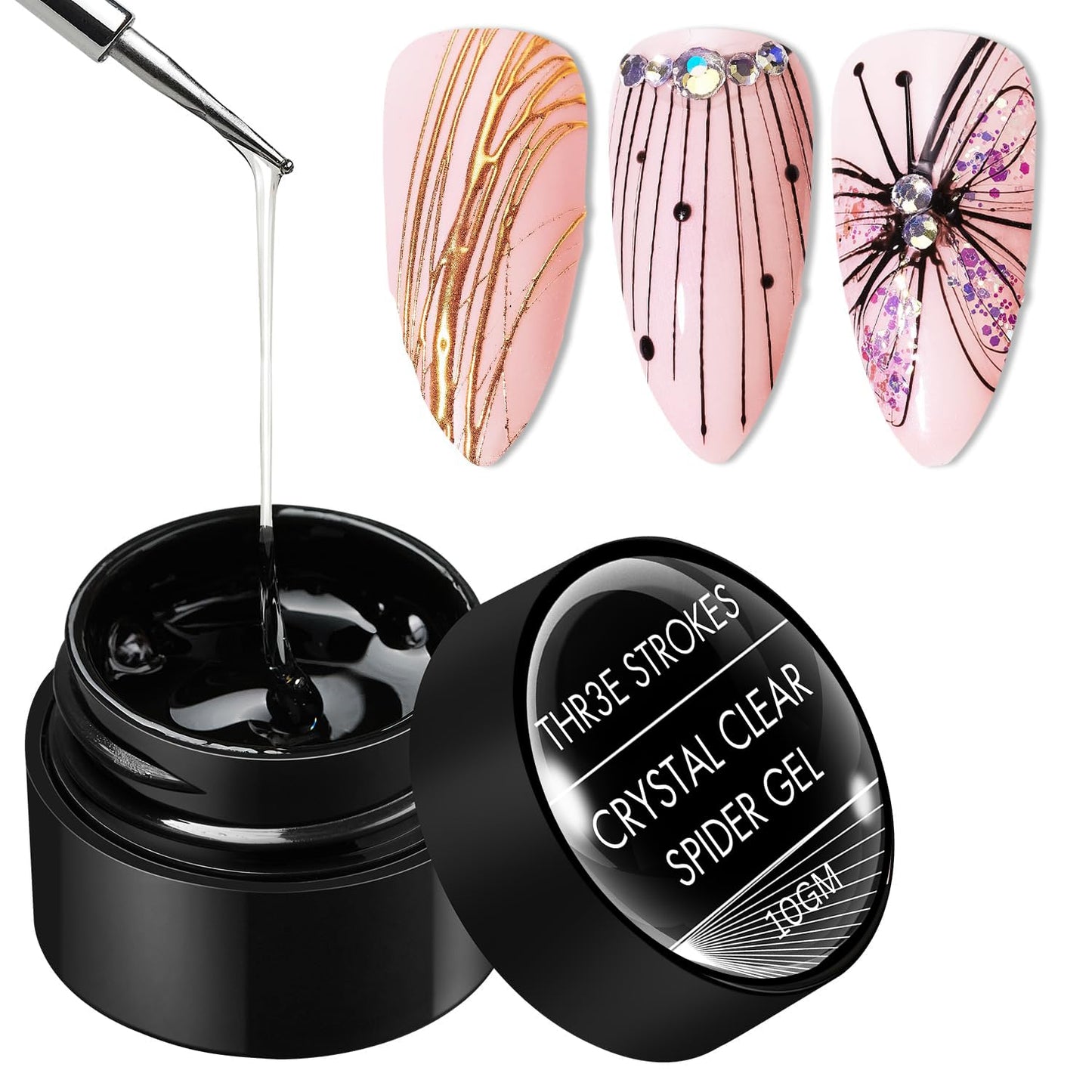 GV108 THR3E STROKES 3D Clear Spider Gel for Nail Art Elastic Gel Nail Paint Drawing 3D Spider Gel Nail Art Polish Apply with Chrome Powder for Line, Soak Off UV LED Gel Polish Manicure DIY Nail Designs Home Salon (UV REQUIRE) (CLEAR)