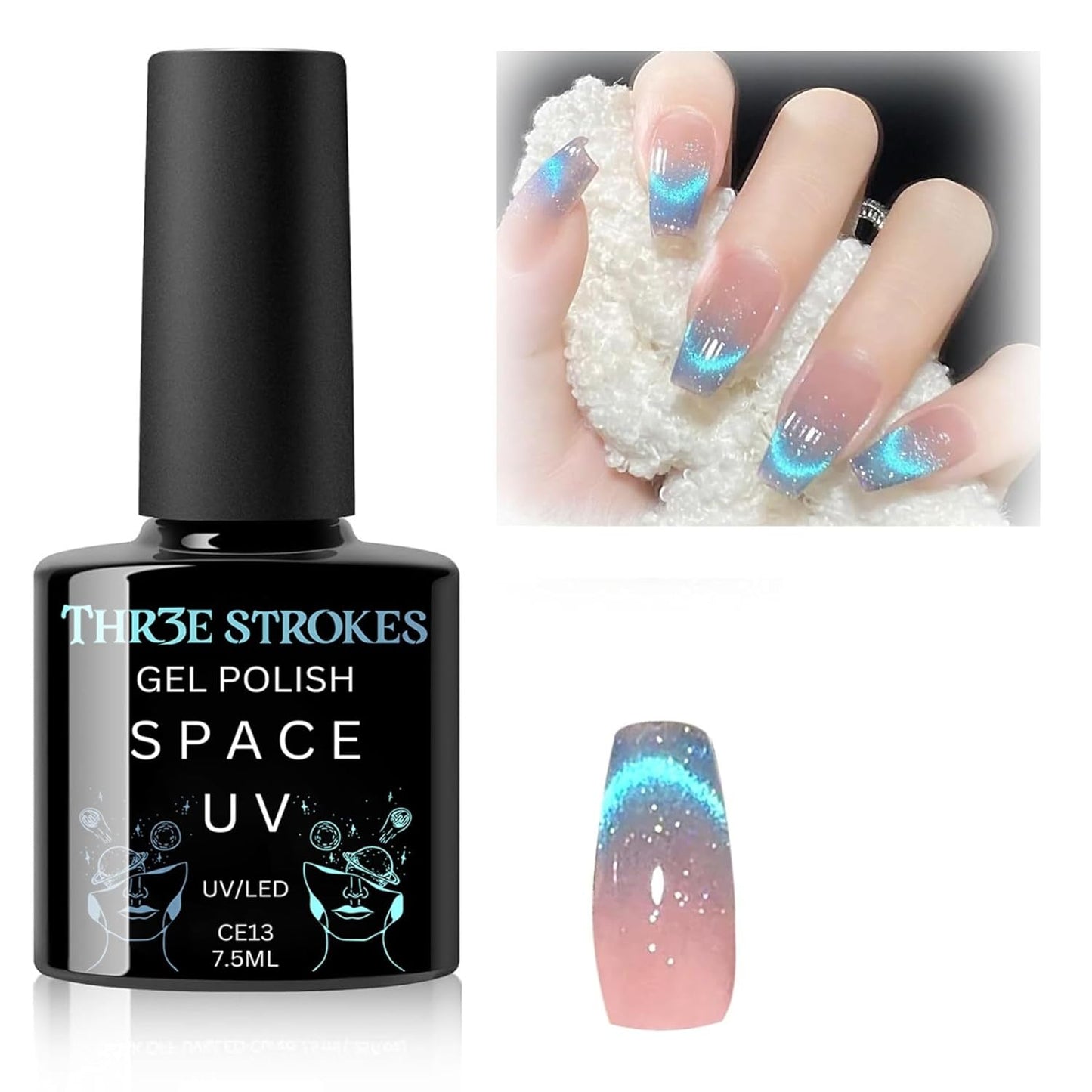GV146 THR3E STROKES 9D Glitter Cat Eye Gel Magnetic Nail Polish Gel Art Manicure DIY at Home Soak Off UV Gel 7.5ML (CE13, 7.5ML)