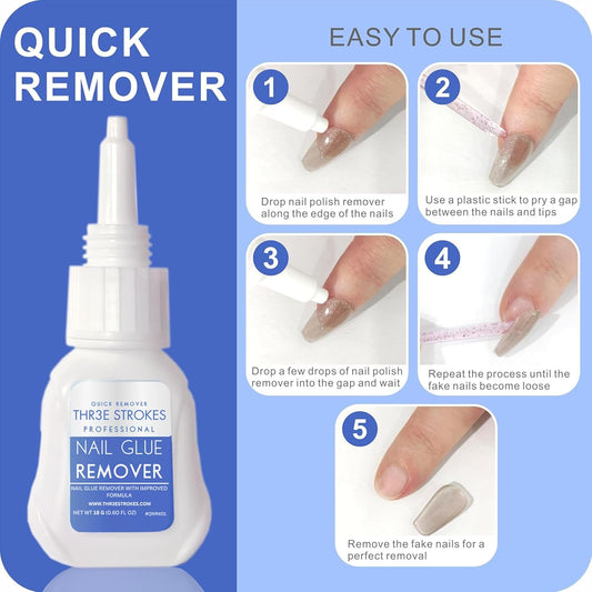 GV94 THR3E STROKES Super Strong Nail Glue Gel and Quickly Nail Glue Remover Kit Press on Nail,Long-lasting 30+ Days Without UV Light,Dropper-type Easily Remove Nail, Salon Professional Bundle (COMBO)