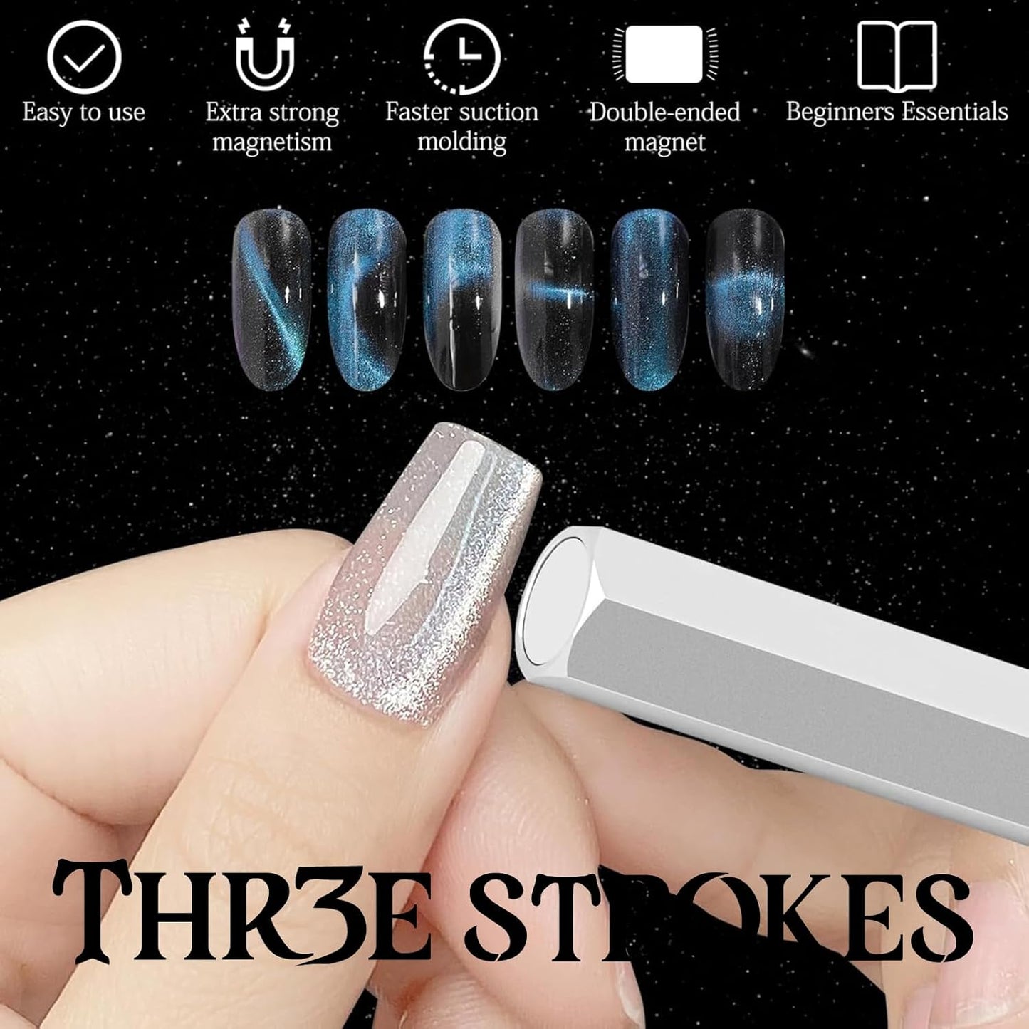 GV86 THR3E STROKES Cat Eye Magnet Tool,Professional Double-Ended Hexagon Strong Nail Magnet Stick for Cat Eye Gel Nail Polish,suitable for personal DIY, nail studio or nail salon(Silver)