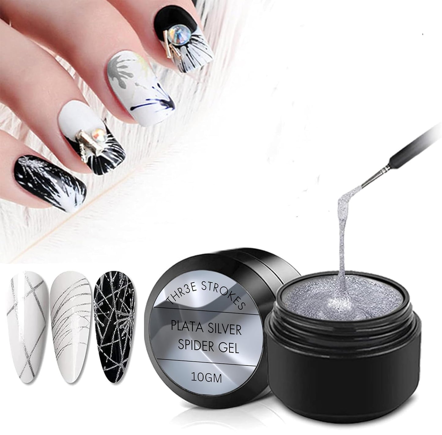 GV104 THR3E STROKES Silver Spider Gel Polish Kit Nail Spider Gel Paint For Nail Art Polish Thin Brush Spider Nail Gel Art Paint For Nails Uv Led Nail Polish Drawing Painting Black White Gel Nail Polish Kit (UV REQUIRE) (SILVER)
