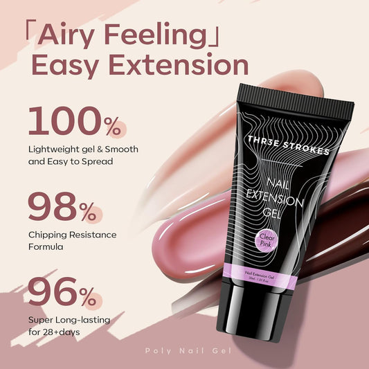 GV131 THR3E STROKES PolyGel Quick Upgrade Poly Gel Kits,30ML Polygel Nail Kit Builder Gel,Nail Extension Gel Trendy Nail Art Design Salon Nail Easy DIY at Home (4 CLEAR PINK) (UV/LED LAMP REQUIRED)