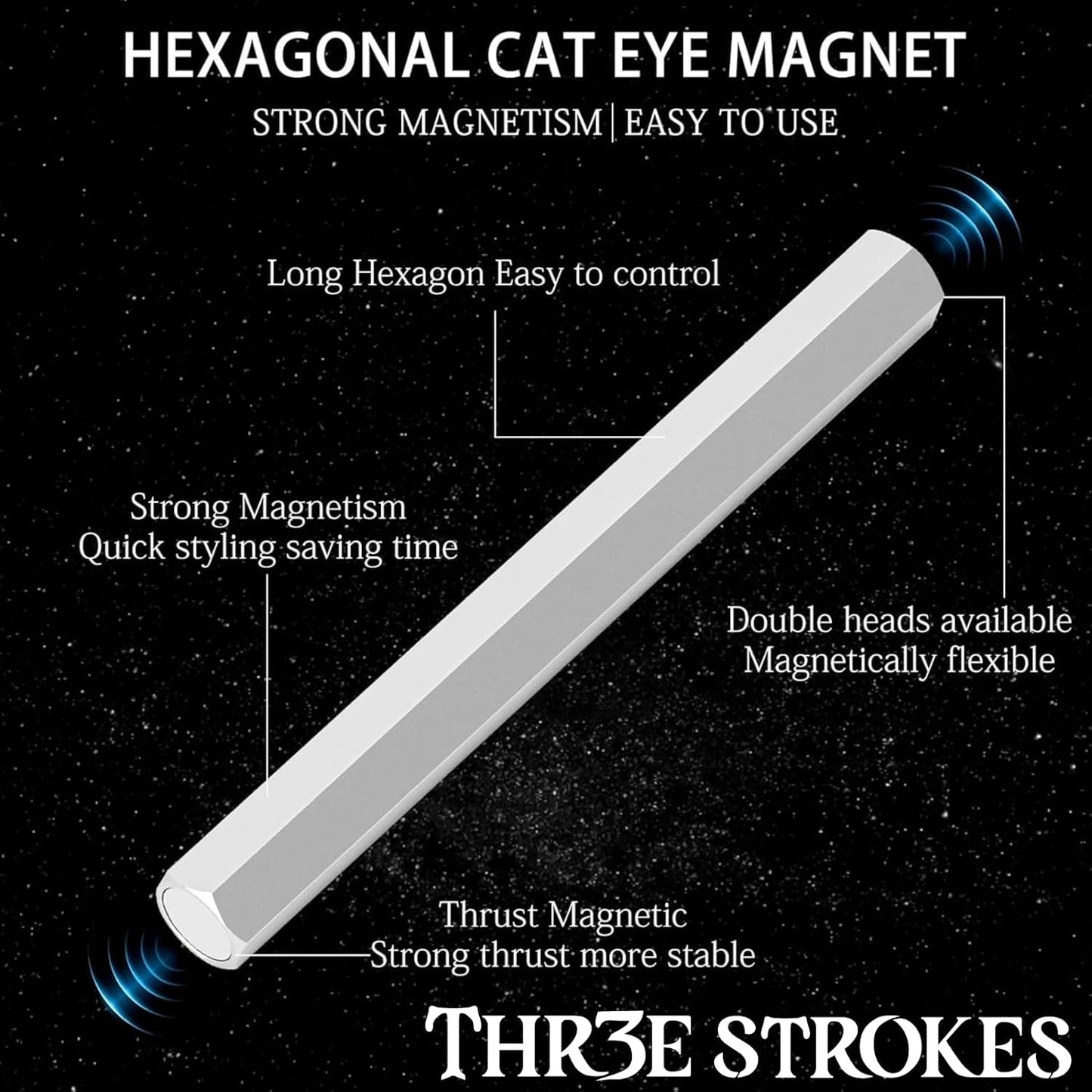 GV86 THR3E STROKES Cat Eye Magnet Tool,Professional Double-Ended Hexagon Strong Nail Magnet Stick for Cat Eye Gel Nail Polish,suitable for personal DIY, nail studio or nail salon(Silver)