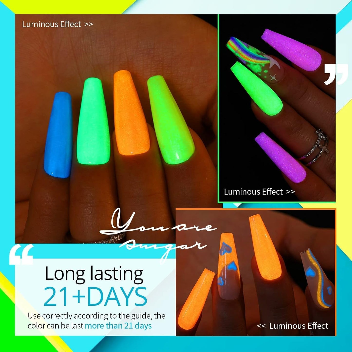 GV42 THR3E STROKES Gel Nail Polish Neon Gel Nail Polish Set Fluorescent Gel Polish Luminous Glow in Dark Gel Polish Orange Hot Pink Blue Yellow Green Purple Vibrant Spring Summer Gel Polish 7ML (UV/LED LIGHT REQUIRED) neongd