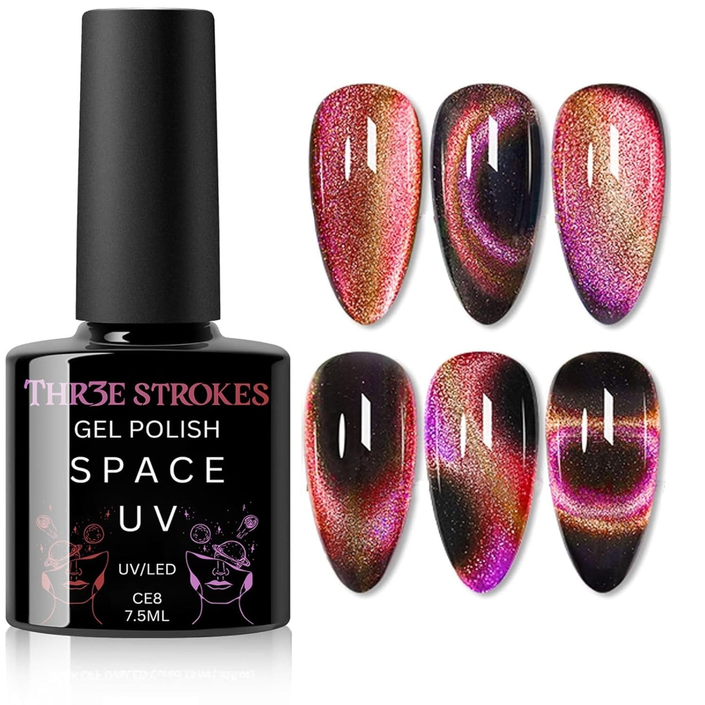 GV142 THR3E STROKES 9D Glitter Cat Eye Gel Magnetic Nail Polish Gel Art Manicure DIY at Home Soak Off UV Gel 7.5ML (CE8, 7.5ML)