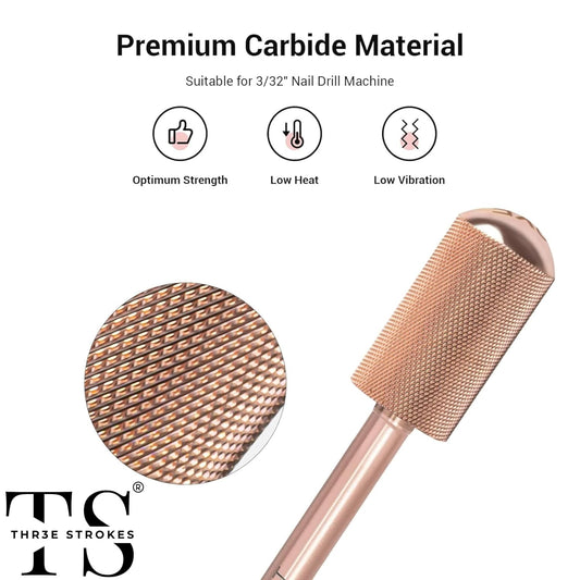 GV73 THR3E STROKES Nail Drill Bits, 3/32'' Smooth Round Top Large Barrel Carbide Bits, Suitable for Manicure Pedicure Cuticle Gel Polishing, Beginners Bits, Rose Gold, Series Bit (Double Fine-2XF, ROSE GOLD)