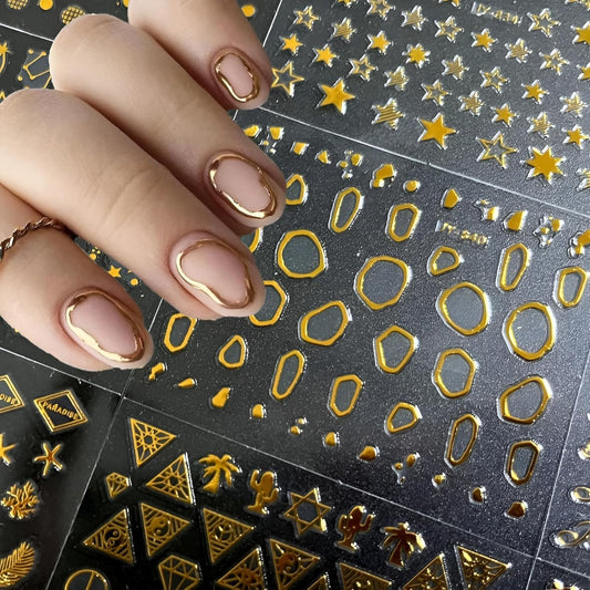GV102 THR3E STROKES 30 Sheets Gold Nail Art Stickers 3D Self-Adhesive Nail Decals Gold Line Star Nail Stickers for Acrylic Nails Gold Leaf Diamond Nail Supplies for Women