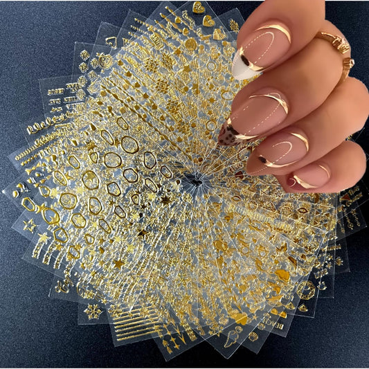 GV102 THR3E STROKES 30 Sheets Gold Nail Art Stickers 3D Self-Adhesive Nail Decals Gold Line Star Nail Stickers for Acrylic Nails Gold Leaf Diamond Nail Supplies for Women