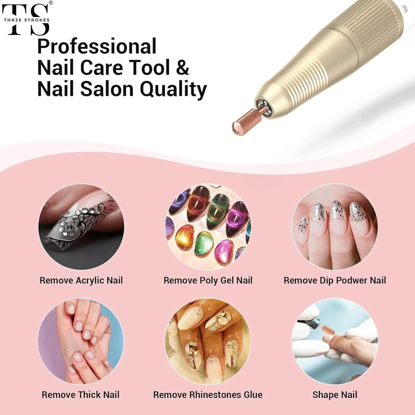 GV73 THR3E STROKES Nail Drill Bits, 3/32'' Smooth Round Top Large Barrel Carbide Bits, Suitable for Manicure Pedicure Cuticle Gel Polishing, Beginners Bits, Rose Gold, Series Bit (Double Fine-2XF, ROSE GOLD)