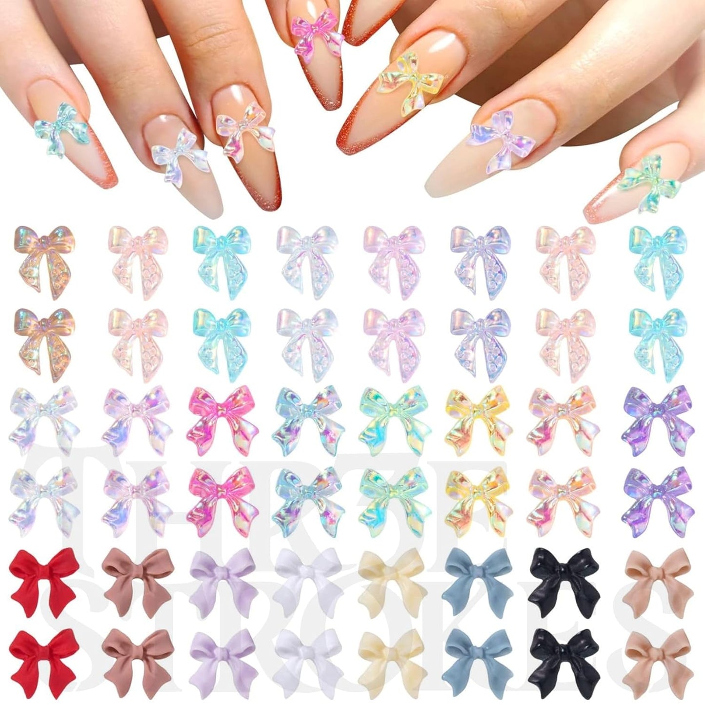 GV152 THR3E STROKES 90 Pcs Silver Bow Nail Charm 3D Alloy Glitter Bows for Nails Long Ribbon Bowknots Cute Halloween Christmas Beach Wedding Prom Engagement Nail Art Decoration for Women Girls Bride (D58)