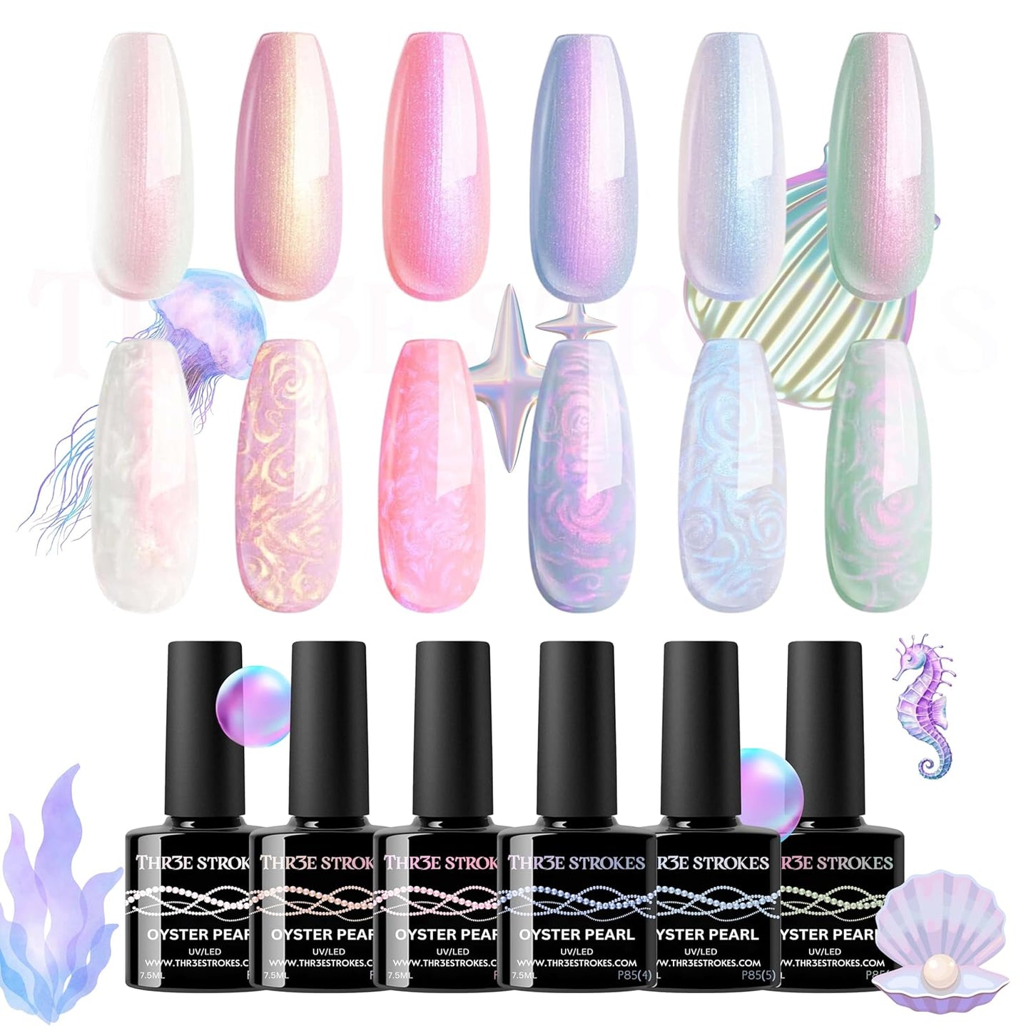 GV147 THR3E STROKES Gel Nail Polish Set- 6 Colors Pearl Gel Polish All Seasons Skin Tones Pink Neutral Brown Gel Polish Kit (Uv/Led Lamp Required) Shades Need At Least 3 Layers, Shine Finish, 7.5 Milliliters (PEARL P85, 15ml)