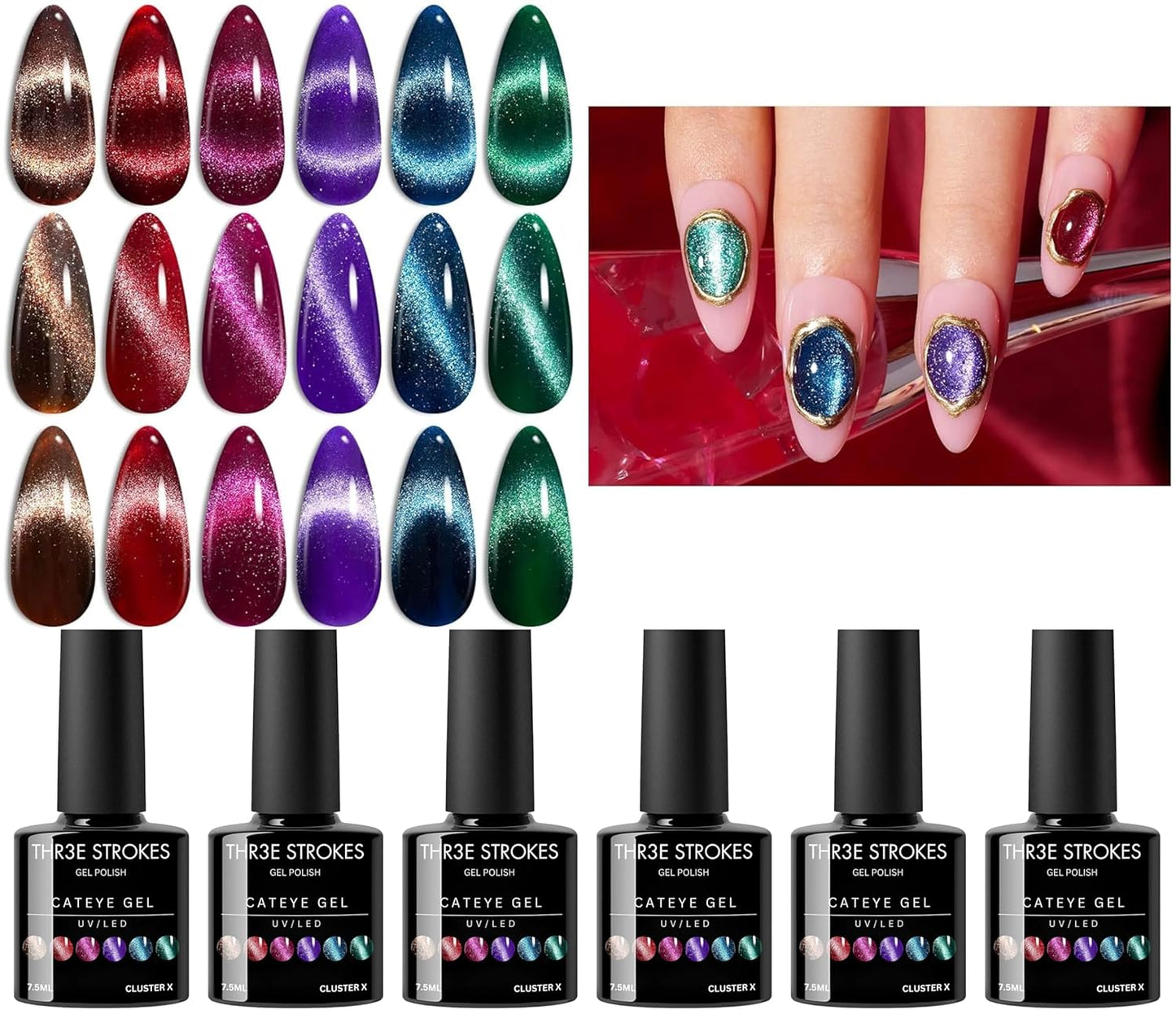 GV148 THR3E STROKES Cat Eye Gel Nail Polish Set 6 Colors, Glitter Red Shiny Brown Burgundy Purple Blue Green Magnetic Effect Sparkle Stunning Nail Gel Polish Gifts for Women, 2024 Limited Colors 7.5ML(CLUSTER X)